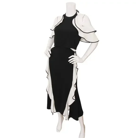 Jonathan Simkhai Ruffle Crepe Halter Off Shoulder Midi Dress 2 - Picture 6 of 13